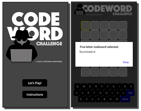 Codeword Challenge screenshots - title and new game