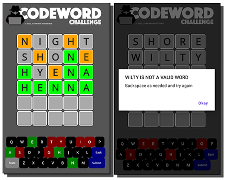 Codeword Challenge screenshots - game play; invalid word