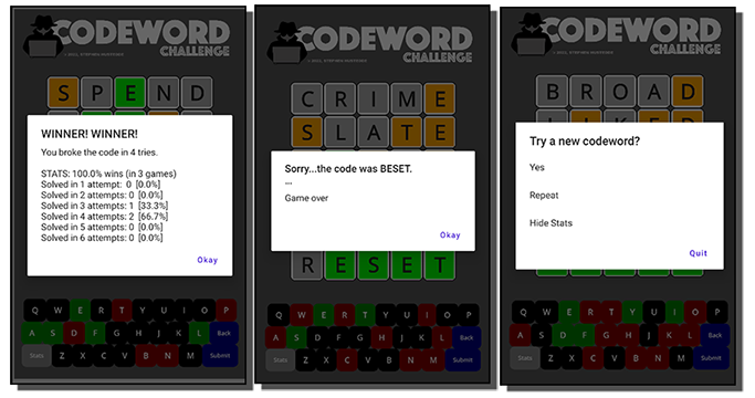 Codeword Challenge screenshots - winner dialog, lost game dialog, next game?